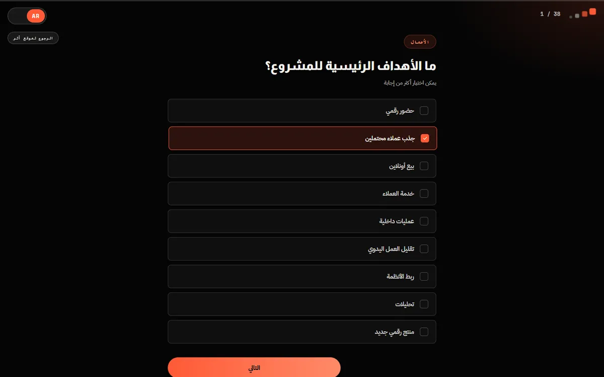 مؤشر الحلول — السؤال 1 من 38: الأهداف الرئيسية للمشروع