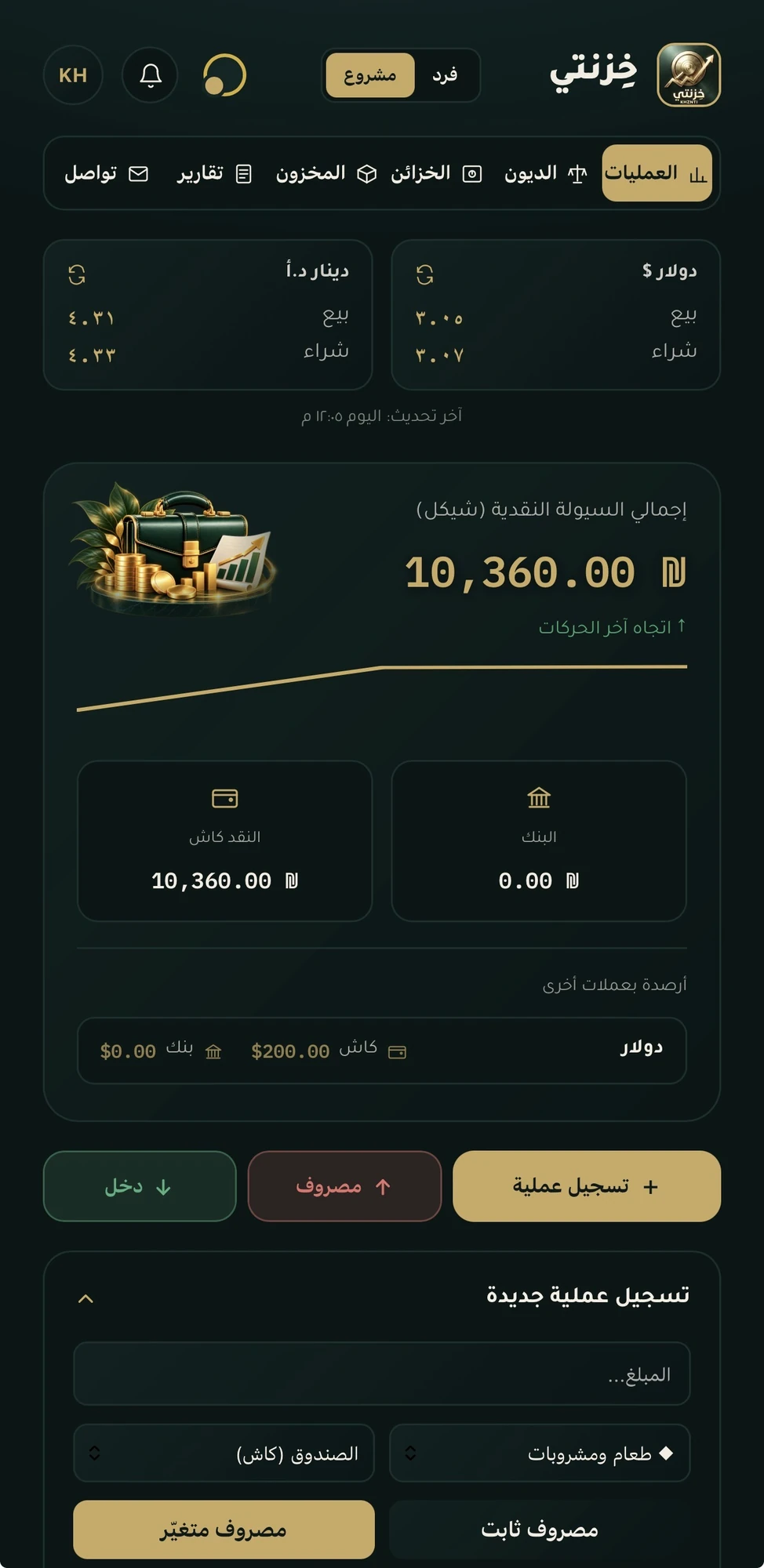 KHZNTI dashboard in project mode, Operations tab: total cash liquidity, cash and bank