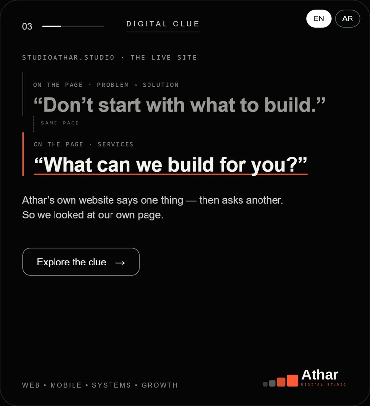 Digital Clue cover: two lines from Athar's own website